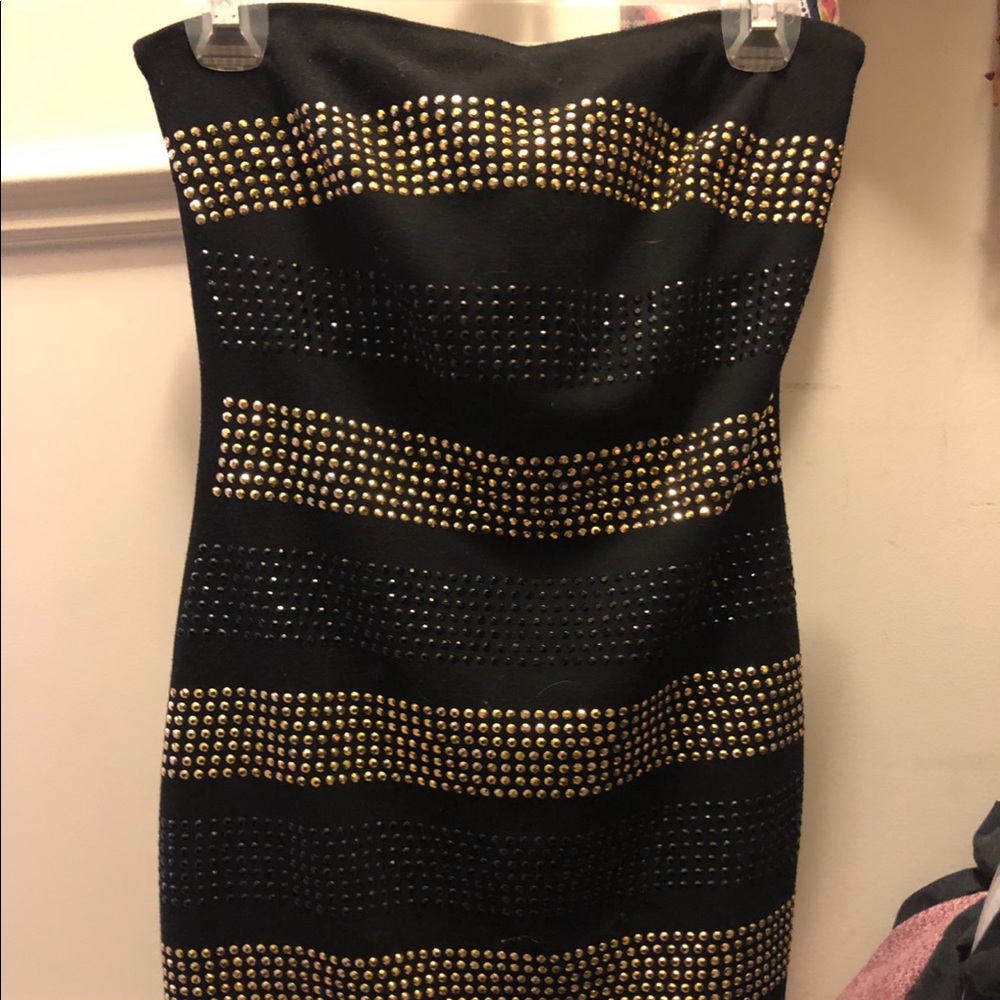 Black and gold strapless dress
